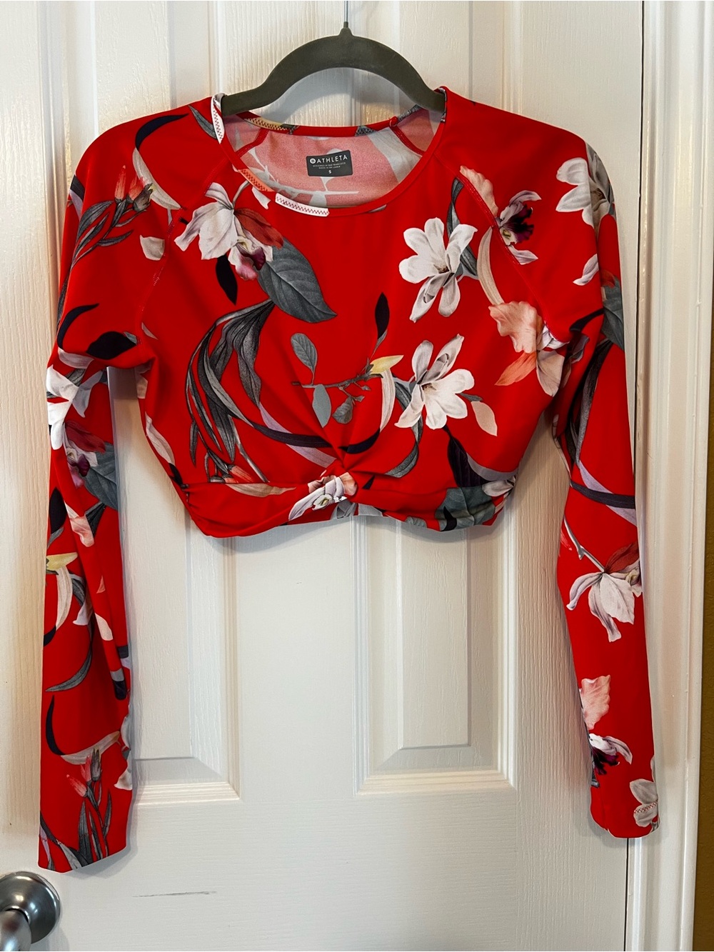 Athleta Orange Floral Long-Sleeve Twist Crop Top, Size S